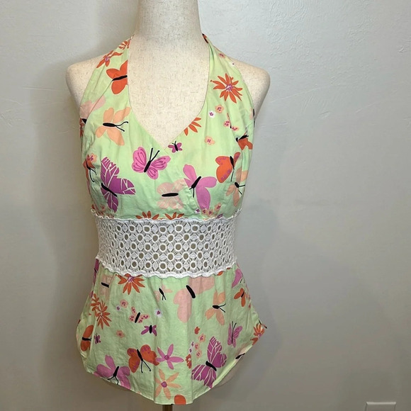 VINTAGE LILLY PULITZER CABANA HALTER LACE INSET BUTTERFLY TOP - Picture 2 of 8
